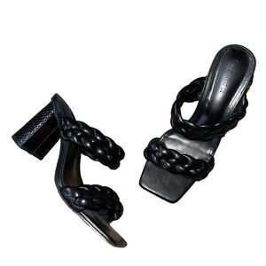 Black Faux Leather Sandals Braided Square Toe